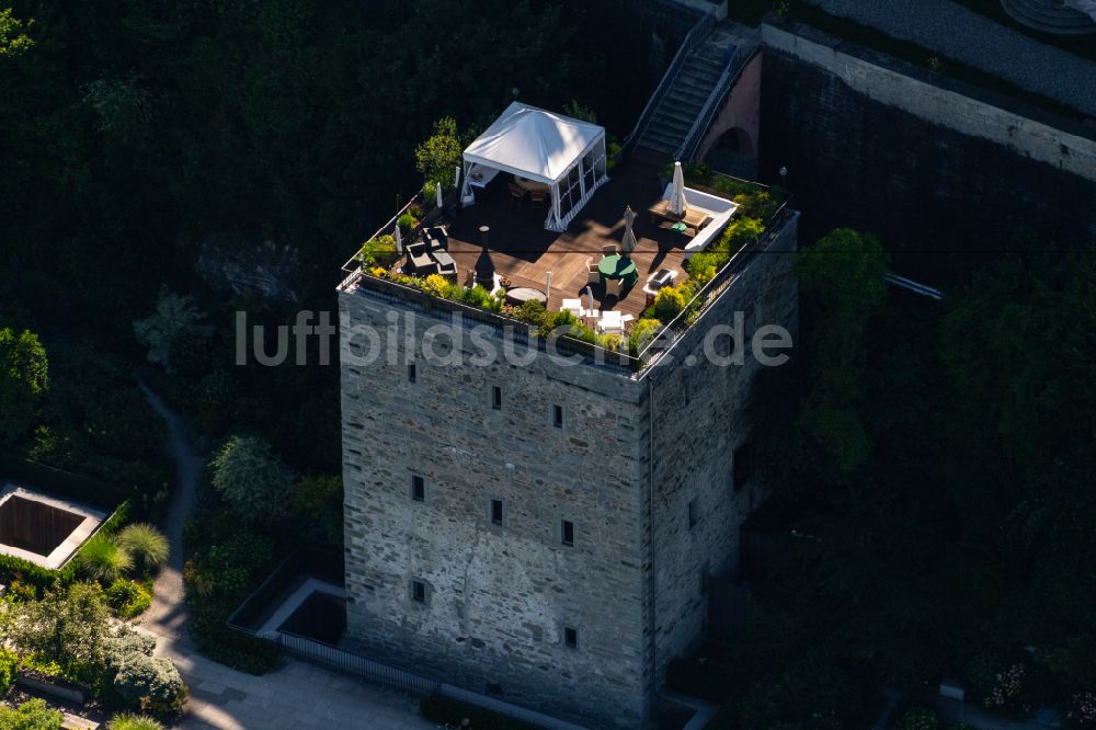 Luftbild Insel Mainau - Dachgarten auf dem Steinturm auf der Insel Mainau im Bundesland Baden-Württemberg, Deutschland