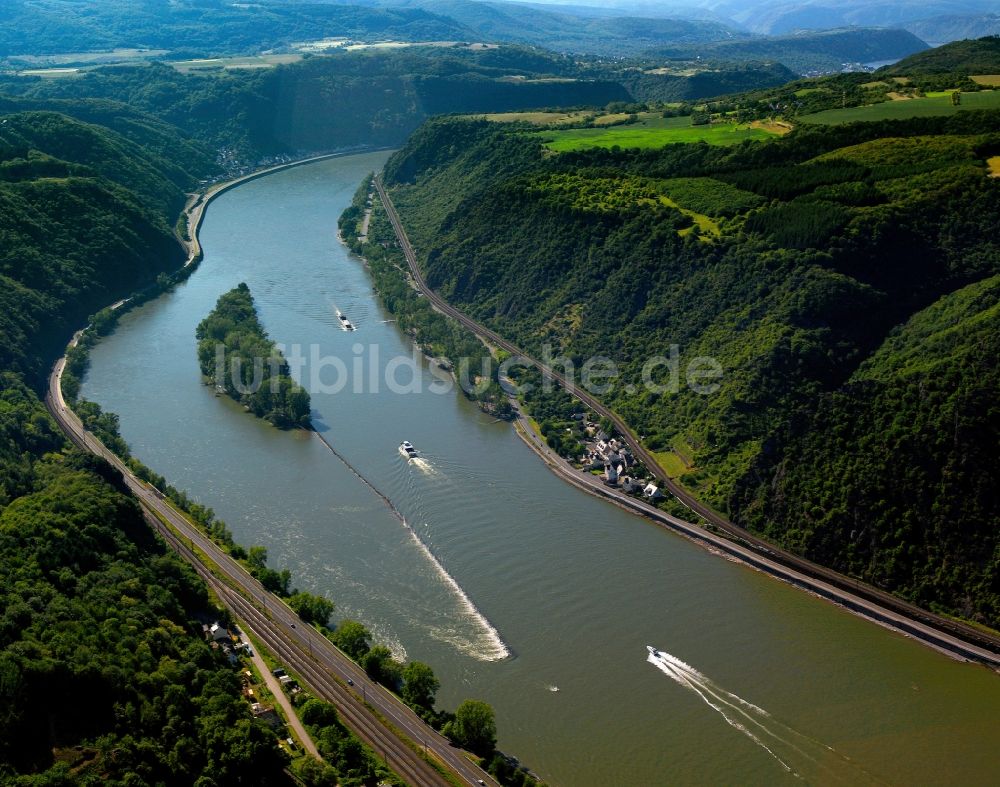 Luftaufnahme Sankt Goarshausen - Der Rhein und die Insel Ehrenthaler Werth in Sankt Goarshausen im Bundesland Rheinland-Pfalz