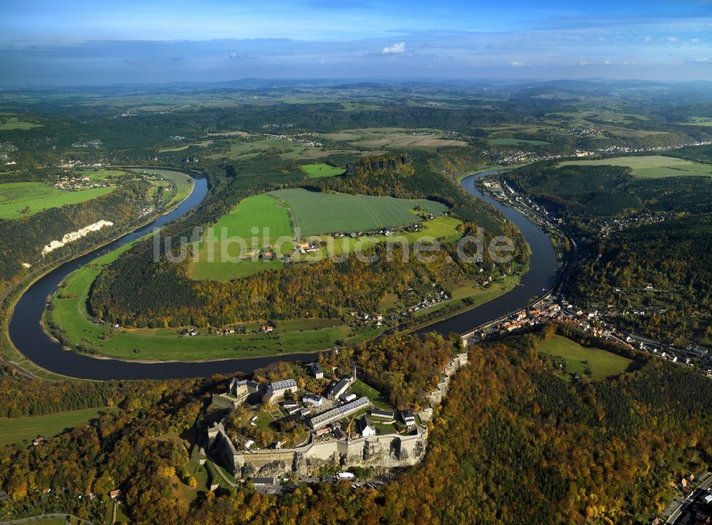 Luftbild Königstein - Die Festung Königstein an der Elbe im Landkreis Sächsische Schweiz-Osterzgebirge im Bundesland Sachsen