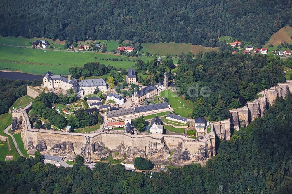 Königstein von oben - Die Festung Königstein an der Elbe im Landkreis Sächsische Schweiz-Osterzgebirge im Bundesland Sachsen