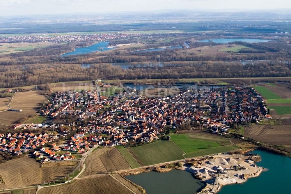 Luftbild Leimersheim - Dorf - Ansicht am Rande von Feldern, Baggerseen und Althreinarmen in des Rheinfischerdorfes Leimersheim im Bundesland Rheinland-Pfalz