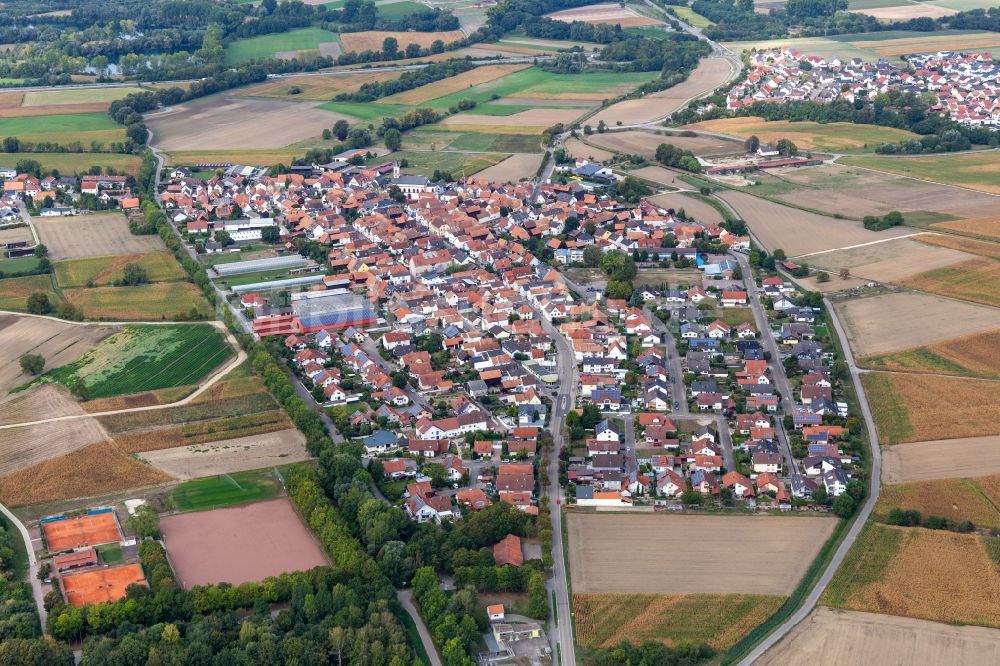 Luftaufnahme Neupotz - Dorf - Ansicht am Rande von Feldern und Baggerseen im Ortsteil Hardtwald in Neupotz im Bundesland Rheinland-Pfalz