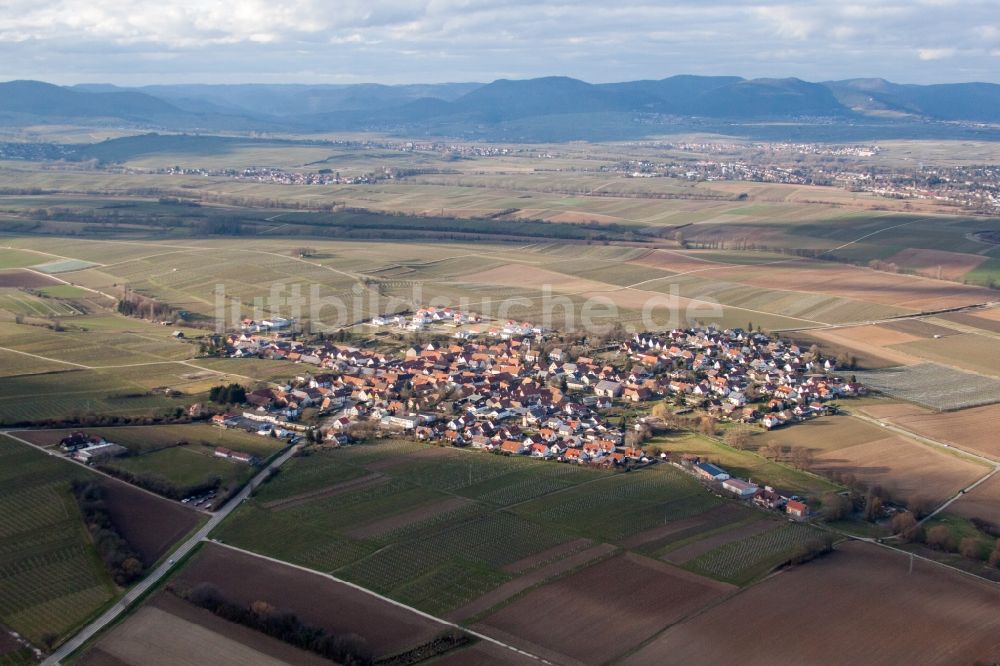 Impflingen von oben - Dorf - Ansicht am Rande von Feldern und vor dem Haardtrand des Pfälzerwaldes in Impflingen im Bundesland Rheinland-Pfalz, Deutschland