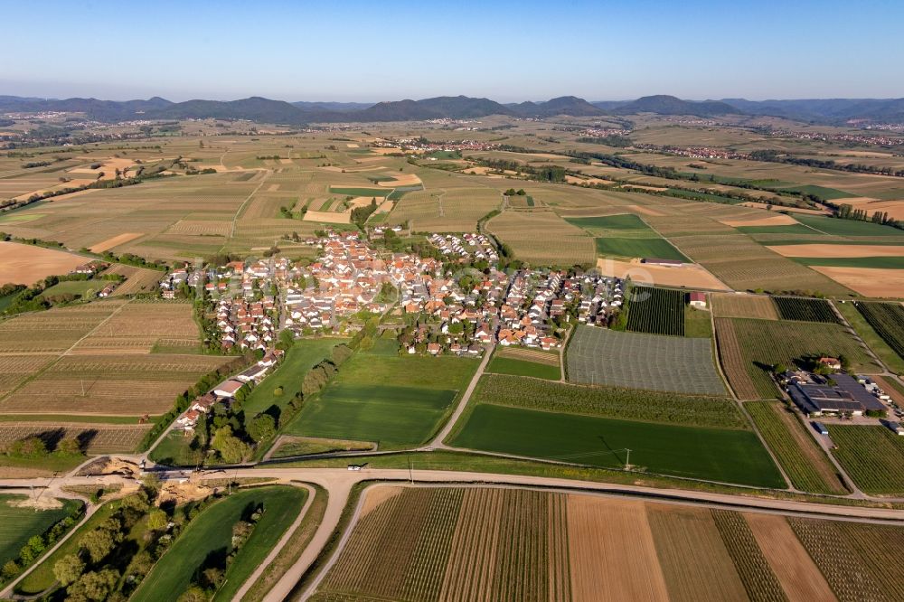 Impflingen von oben - Dorf - Ansicht am Rande von Feldern und vor dem Haardtrand des Pfälzerwaldes in Impflingen im Bundesland Rheinland-Pfalz, Deutschland