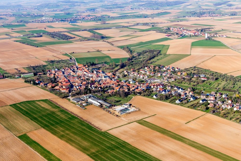 Luftbild Melsheim - Dorf - Ansicht am Rande von Feldern in Melsheim in Grand Est, Frankreich