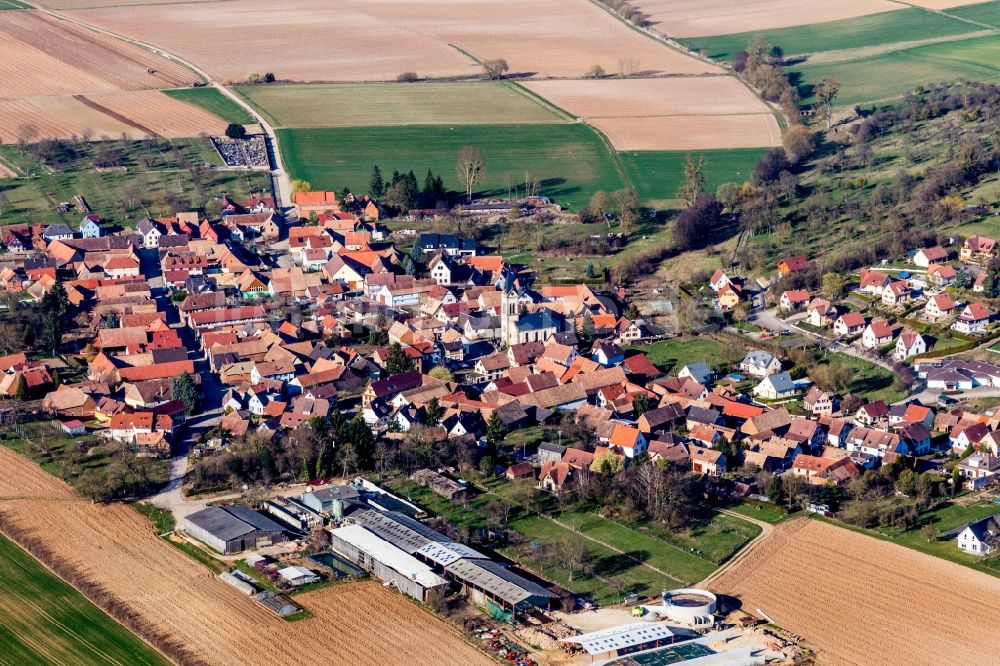 Luftaufnahme Melsheim - Dorf - Ansicht am Rande von Feldern in Melsheim in Grand Est, Frankreich