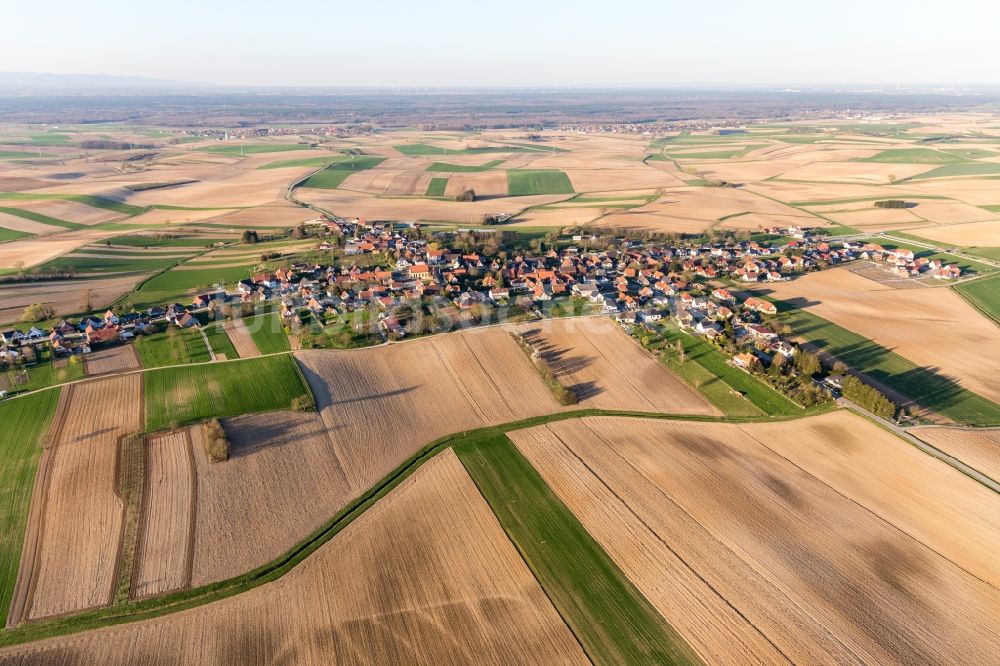 Oberlauterbach aus der Vogelperspektive: Dorf - Ansicht am Rande von Feldern in Oberlauterbach in Grand Est, Frankreich