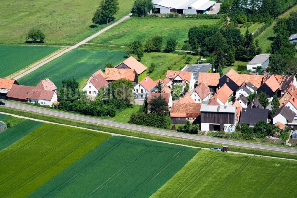 Luftaufnahme Kandel - Dorf - Ansicht am Rande von Feldern im Ortsteil Minderslachen in Kandel im Bundesland Rheinland-Pfalz
