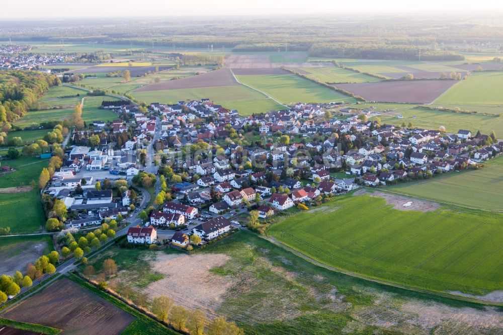 Zwingenberg von oben - Dorf - Ansicht am Rande von Feldern im Ortsteil Rodau in Zwingenberg im Bundesland Hessen, Deutschland