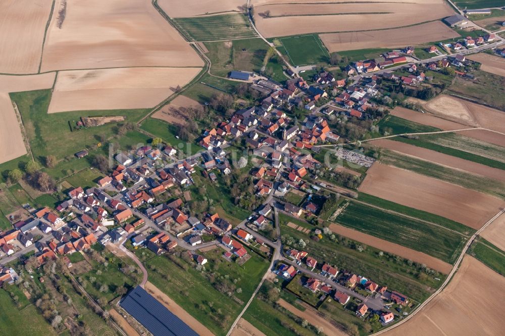 Siegen von oben - Dorf - Ansicht am Rande von Feldern in Siegen in Grand Est, Frankreich