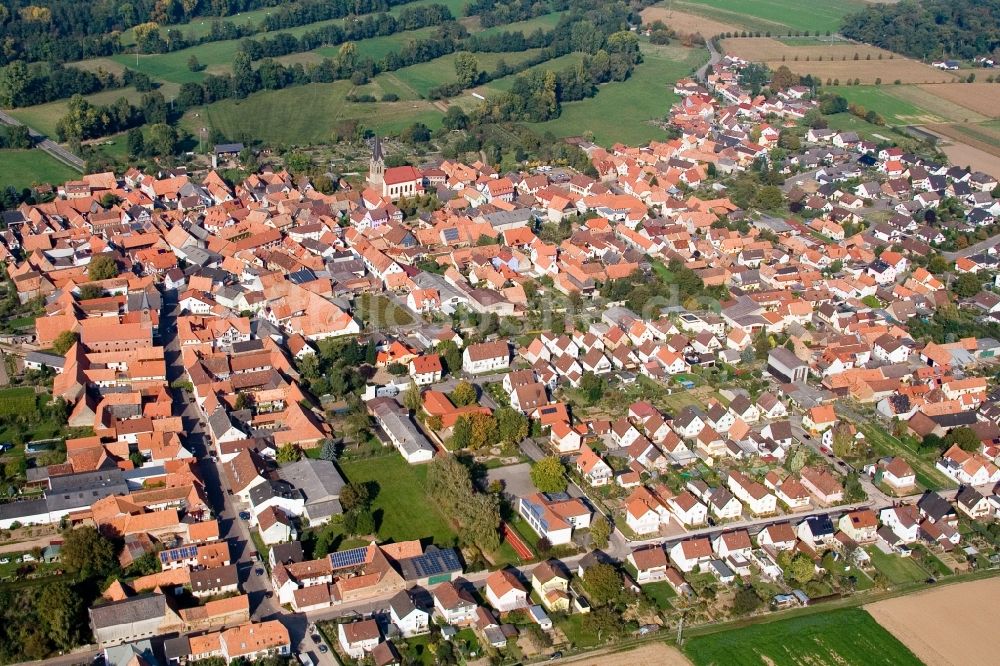 Steinweiler aus der Vogelperspektive: Dorf - Ansicht am Rande von Feldern in Steinweiler im Bundesland Rheinland-Pfalz