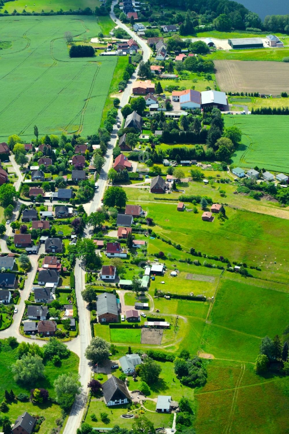 Dümmer aus der Vogelperspektive: Dorf - Ansicht am Rande von landwirtschaftlichen Feldern in Dümmer im Bundesland Mecklenburg-Vorpommern, Deutschland