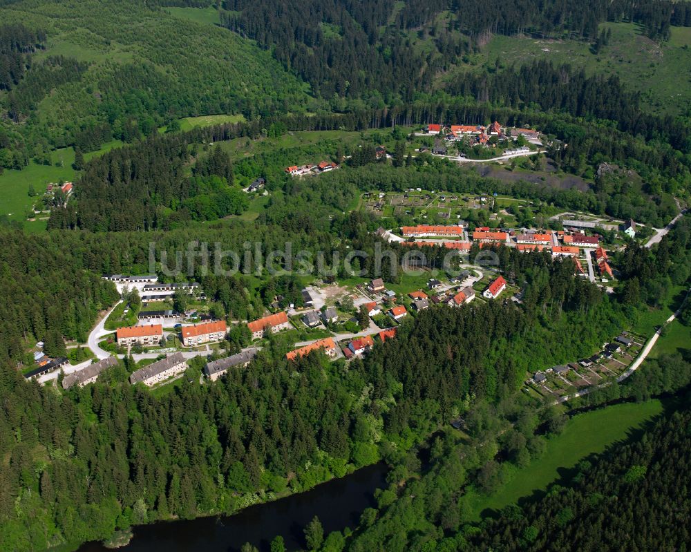 Rübeland von oben - Dorf - Ansicht am Rande von Waldgebieten in Rübeland im Bundesland Sachsen-Anhalt, Deutschland