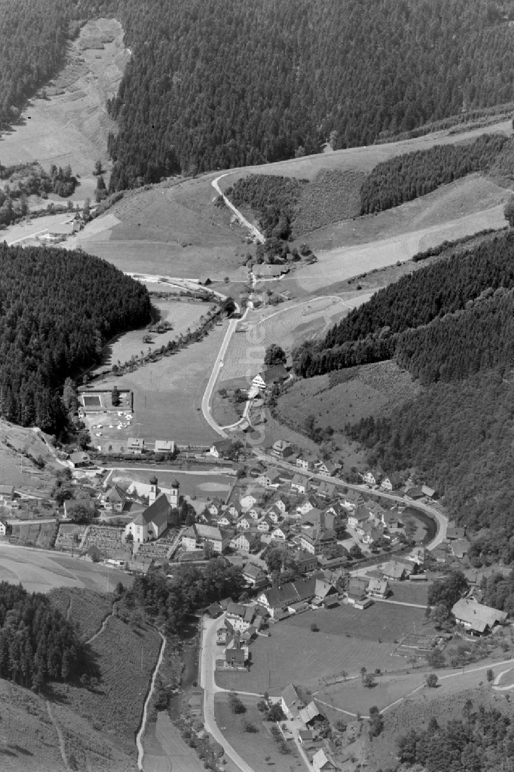 Bad Rippoldsau von oben - Dorfkern am Feldrand in Bad Rippoldsau im Bundesland Baden-Württemberg, Deutschland