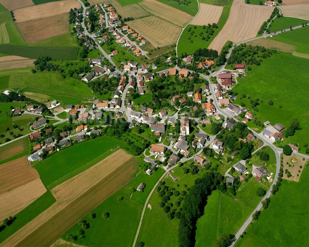 Luftaufnahme Mindersdorf - Dorfkern am Feldrand in Mindersdorf im Bundesland Baden-Württemberg, Deutschland