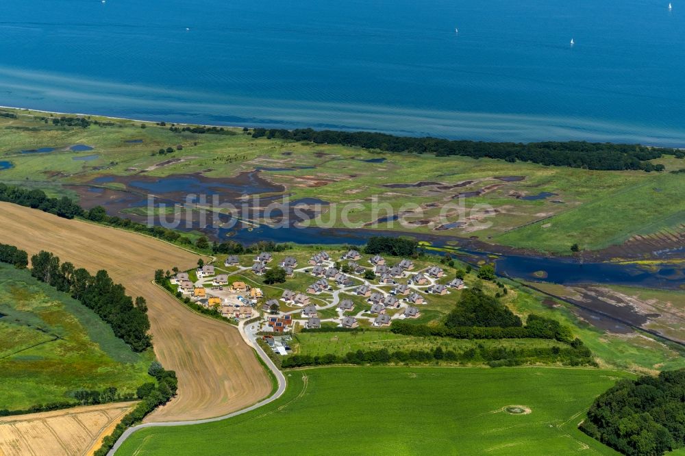 Luftaufnahme Nieby - Dorfkern am Feldrand Reetdorf Geltinger Birk in Nieby im Bundesland Schleswig-Holstein, Deutschland