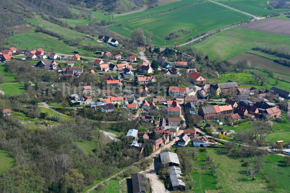 Luftaufnahme Wettin - Dorfkern am Feldrand in Wettin im Bundesland Sachsen-Anhalt, Deutschland
