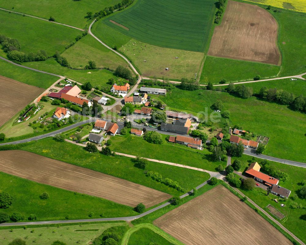 Wünschen-Moos aus der Vogelperspektive: Dorfkern am Feldrand in Wünschen-Moos im Bundesland Hessen, Deutschland
