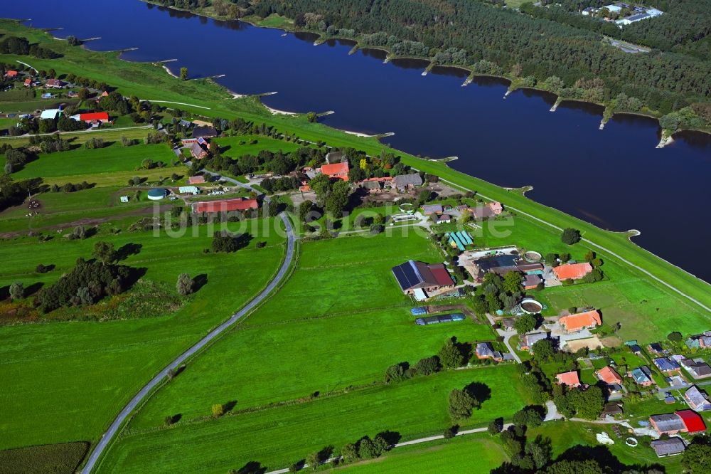 Luftaufnahme Barförde - Dorfkern an den Fluss- Uferbereichen der Elbe in Barförde im Bundesland Niedersachsen, Deutschland