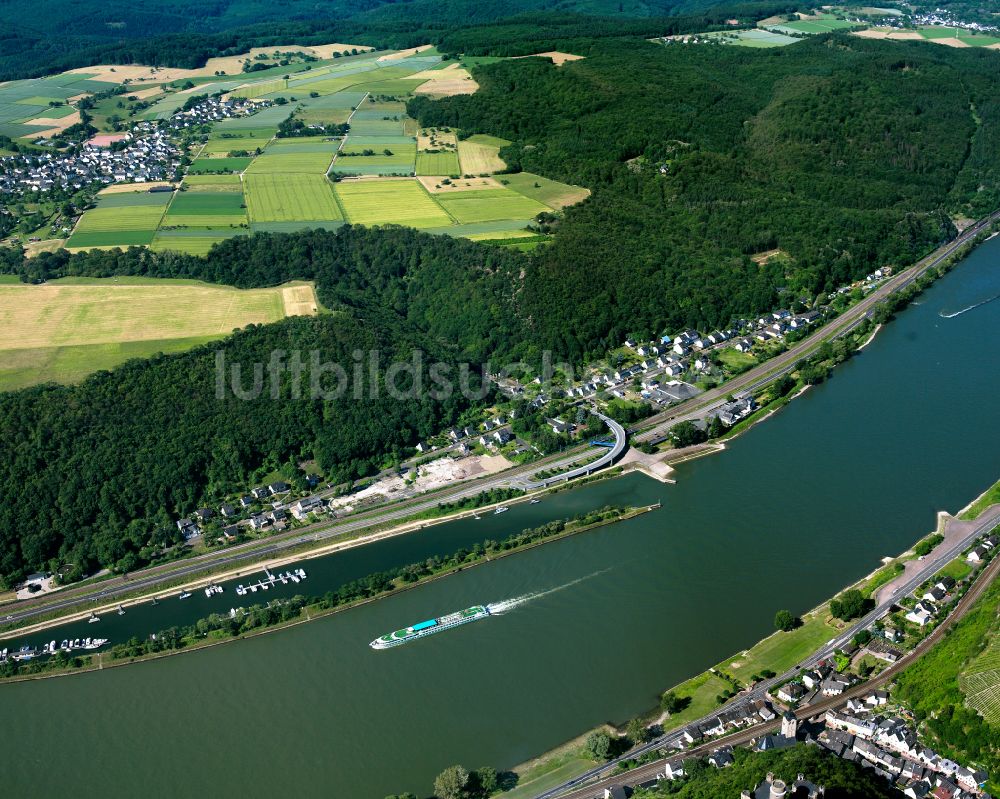 Fellen von oben - Dorfkern an den Fluss- Uferbereichen des Rhein in Fellen im Bundesland Rheinland-Pfalz, Deutschland