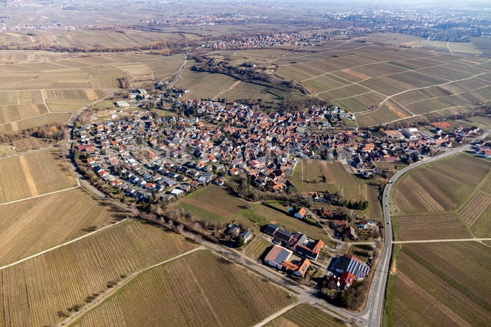 Luftaufnahme Ilbesheim bei Landau in der Pfalz - Dorfkern zu Füßen der kleinen Kalmit in Ilbesheim bei Landau in der Pfalz im Bundesland Rheinland-Pfalz, Deutschland