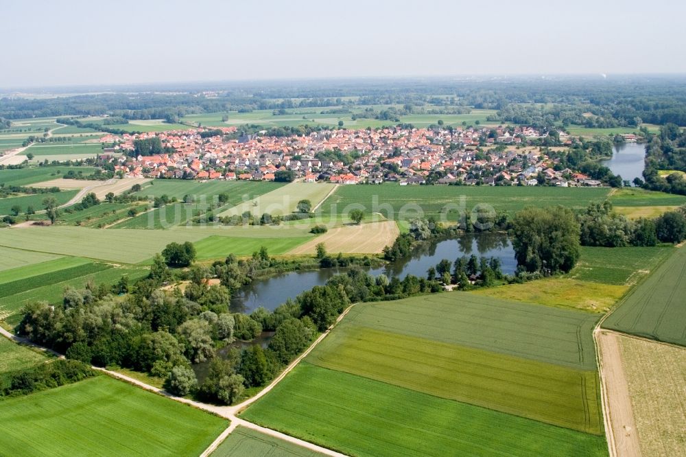 Luftaufnahme Leimersheim - Dorfkern an den See- Uferbereichen des Fischmal in Leimersheim im Bundesland Rheinland-Pfalz