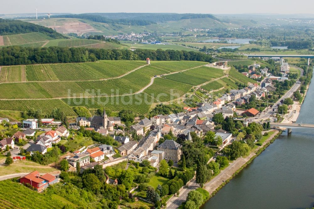 Luftaufnahme Schengen - Dorfkern zwischen Rebbergen und den Fluss- Uferbereichen der Mosel in Schengen in Distrikt Gréiwemaacher, Luxemburg