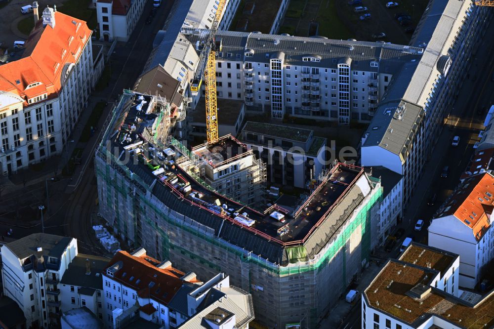 Luftbild Leipzig - Eckhaus- Baustelle zum Neubau eines Wohn- und Geschäftshauses in Leipzig im Bundesland Sachsen, Deutschland