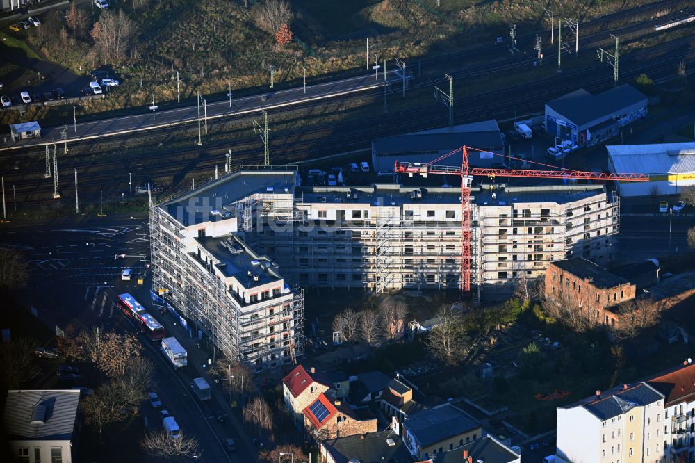 Leipzig von oben - Eckhaus- Baustelle zum Neubau eines Wohn- und Geschäftshauses Mockauer Tor in Leipzig im Bundesland Sachsen, Deutschland