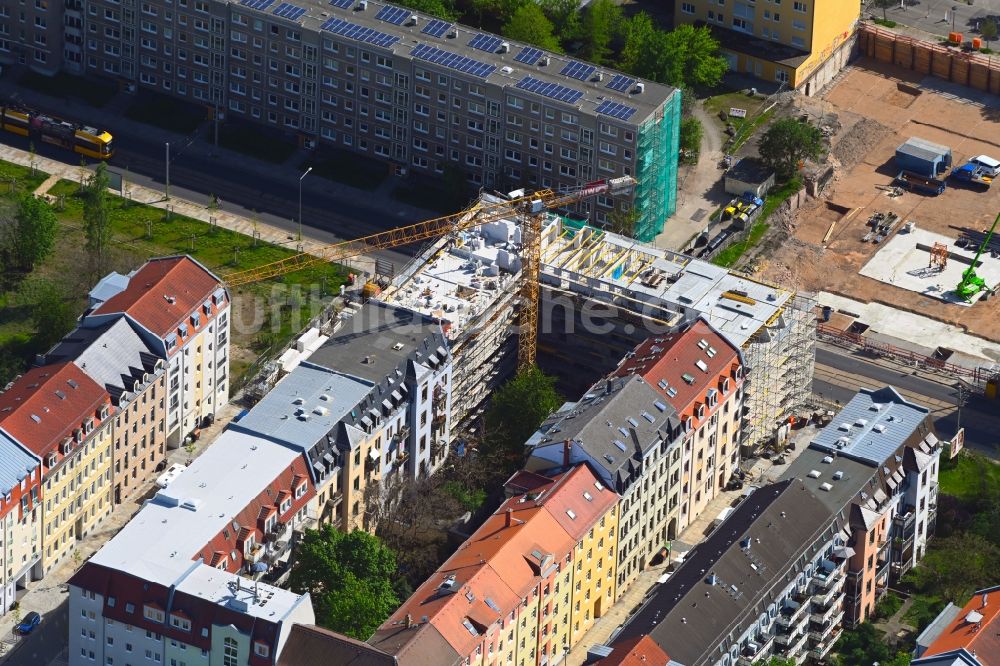 Luftbild Dresden - Eckhaus- Baustelle zum Neubau eines Wohn- und Geschäftshauses im Ortsteil Friedrichstadt in Dresden im Bundesland Sachsen, Deutschland