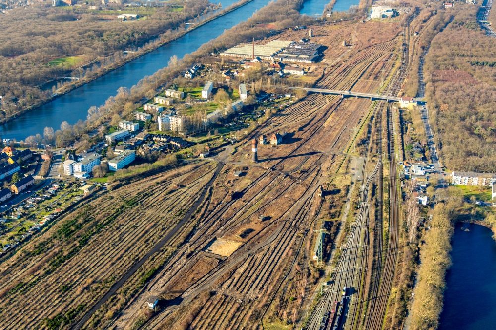 Duisburg von oben - Ehemaligen Rangierbahnhof und Güterbahnhofsgelände in Duisburg im Bundesland Nordrhein-Westfalen, Deutschland