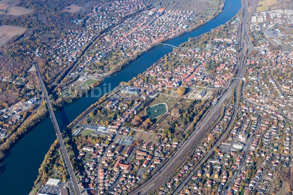 Luftbild Veitshöchheim - Eisenbahn-Fluß - Brückenbauwerk über den Main in Veitshöchheim im Bundesland Bayern, Deutschland