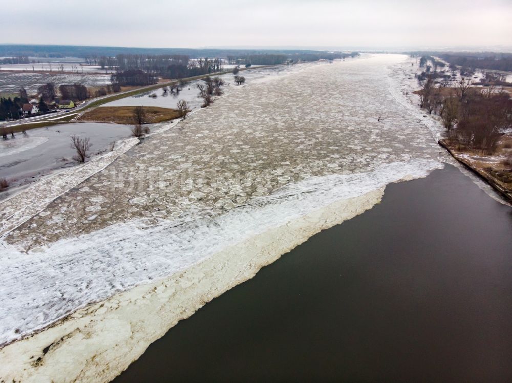 Luftaufnahme Hohenwutzen - Eisschicht auf dem Flußverlauf der Oder in Hohenwutzen im Bundesland Brandenburg, Deutschland