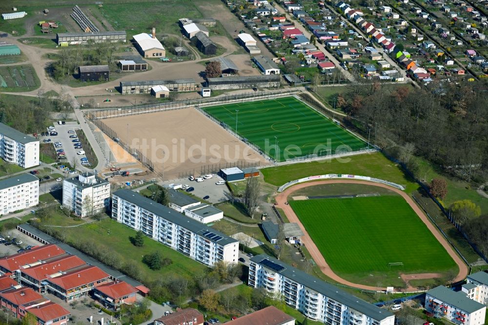 Luftaufnahme Schwedt/Oder - Ensemble der Sportplatzanlagen des FC Schwedt 02 e.V. in Schwedt/Oder im Bundesland Brandenburg, Deutschland