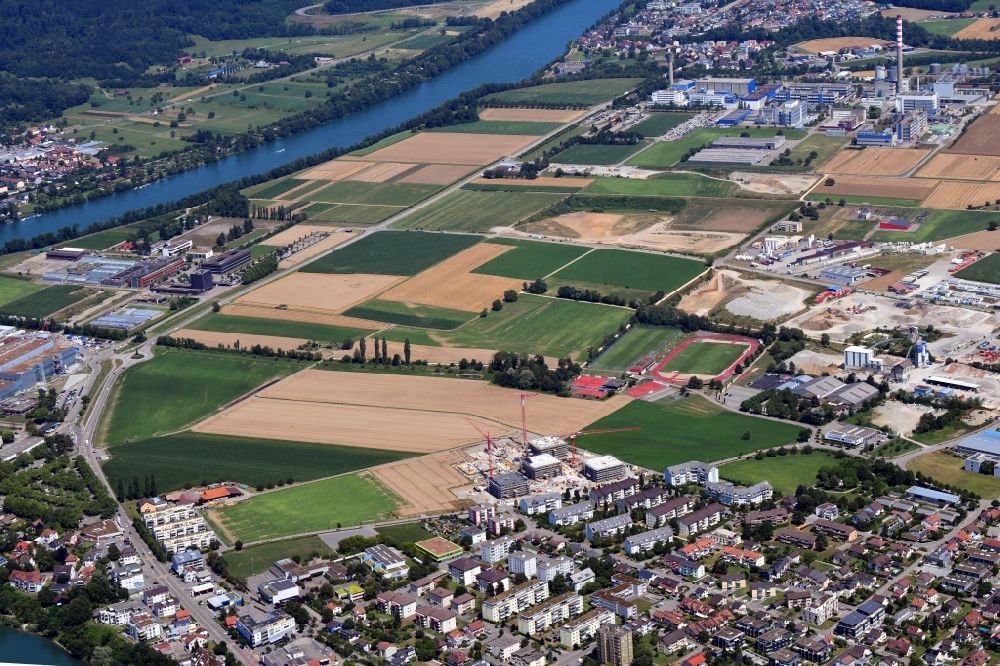 Luftaufnahme Sisseln - Entwicklungsgebiet der Gewerbeflächen Sisslerfeld für ein High-Tech-Zentrum im Life-Sciences Bereich in Sisseln im Kanton Aargau, Schweiz