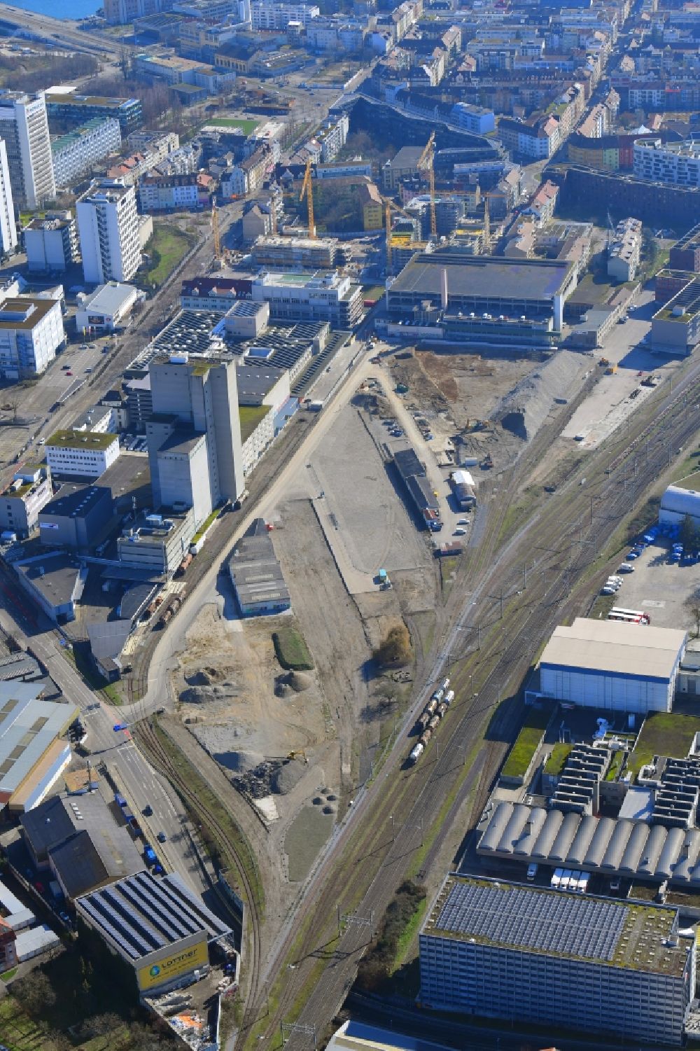 Luftaufnahme Basel - Entwicklungsgebiet der Industriebrache Lysbüchel Areal in Basel, Schweiz