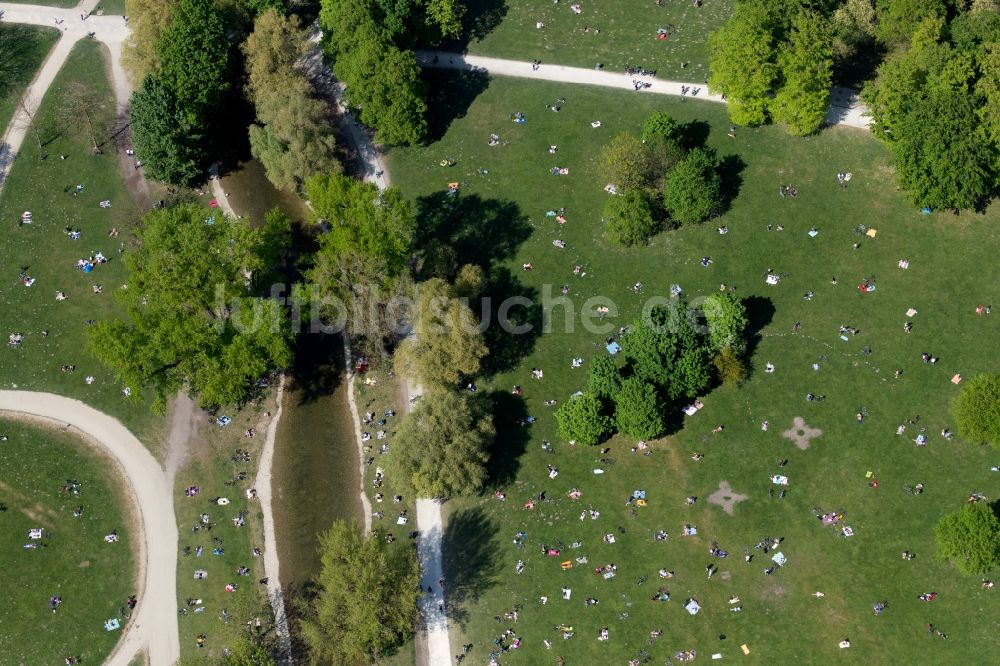 Luftbild München - Erholungspark Englischer Garten mit Schwabinger Bach in München im Bundesland Bayern