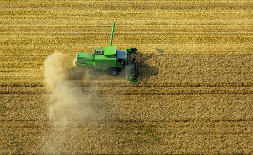 Luftaufnahme Anröchte - Ernteeinsatz auf landwirtschaftlichen Feldern in Anröchte im Bundesland Nordrhein-Westfalen