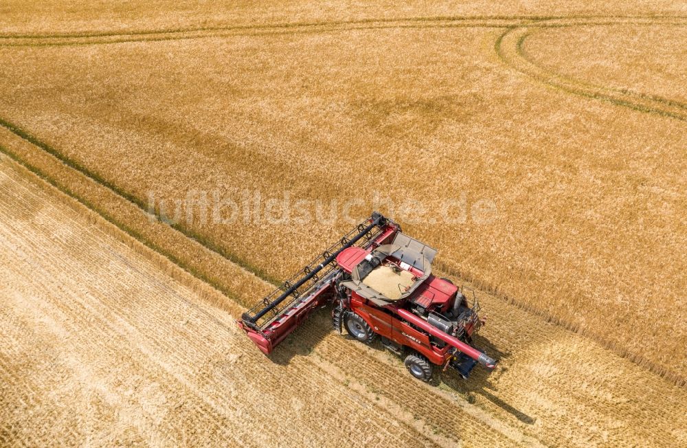 Luftaufnahme Göhrenz - Ernteeinsatz auf landwirtschaftlichen Feldern in Göhrenz im Bundesland Sachsen, Deutschland