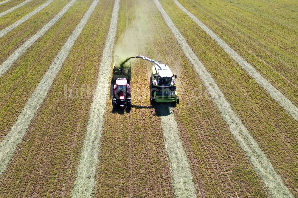 Luftaufnahme Jahnsfelde - Ernteeinsatz auf landwirtschaftlichen Feldern in Jahnsfelde im Bundesland Brandenburg, Deutschland