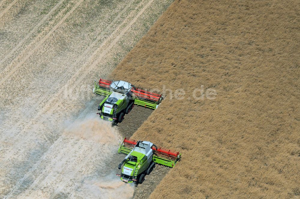 Niedergrunstedt von oben - Ernteeinsatz auf landwirtschaftlichen Feldern in Niedergrunstedt im Bundesland Thüringen, Deutschland