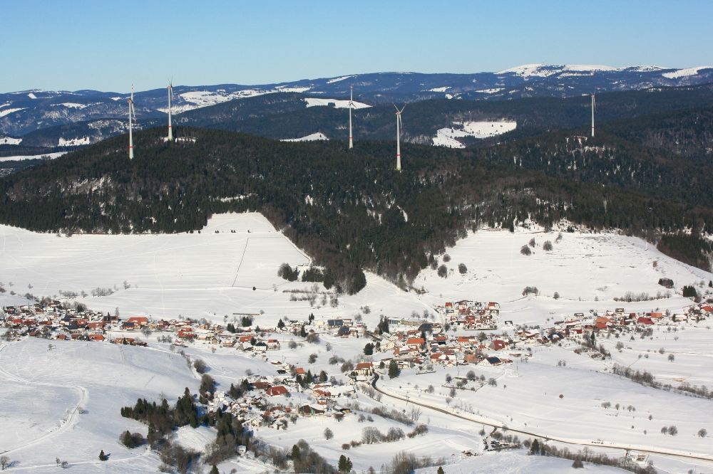 Schopfheim von oben - Erster Windpark im verschneiten Südschwarzwald auf dem Rohrenkopf im Schopfheimer Ortsteil Gersbach im Bundesland Baden-Württemberg
