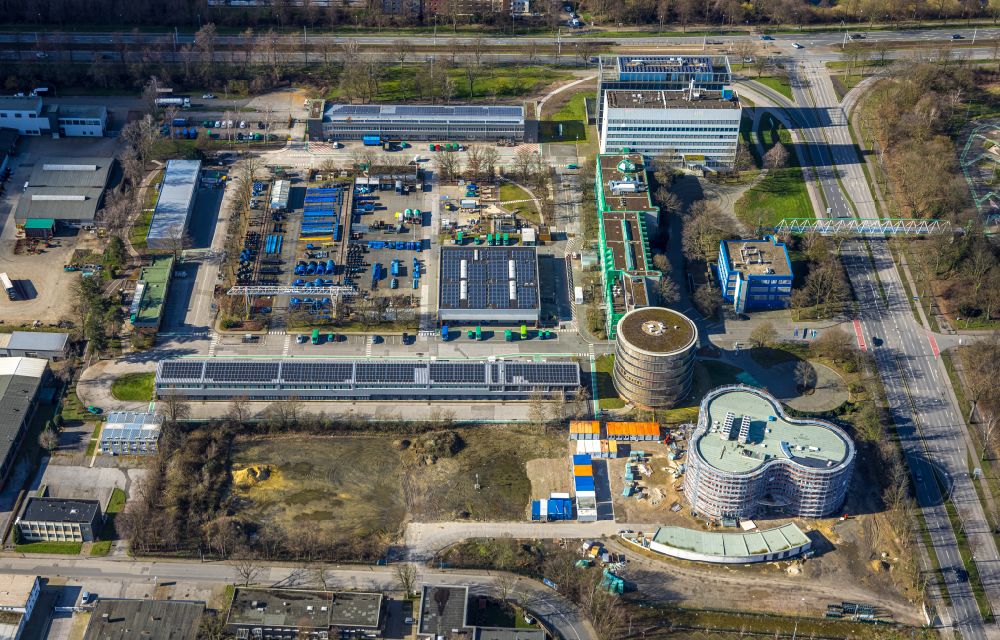 Gelsenkirchen von oben - Erweiterungsbaustelle am Werksgelände für ein Laborgebäude der Gelsenwasser AG in Gelsenkirchen im Bundesland Nordrhein-Westfalen, Deutschland
