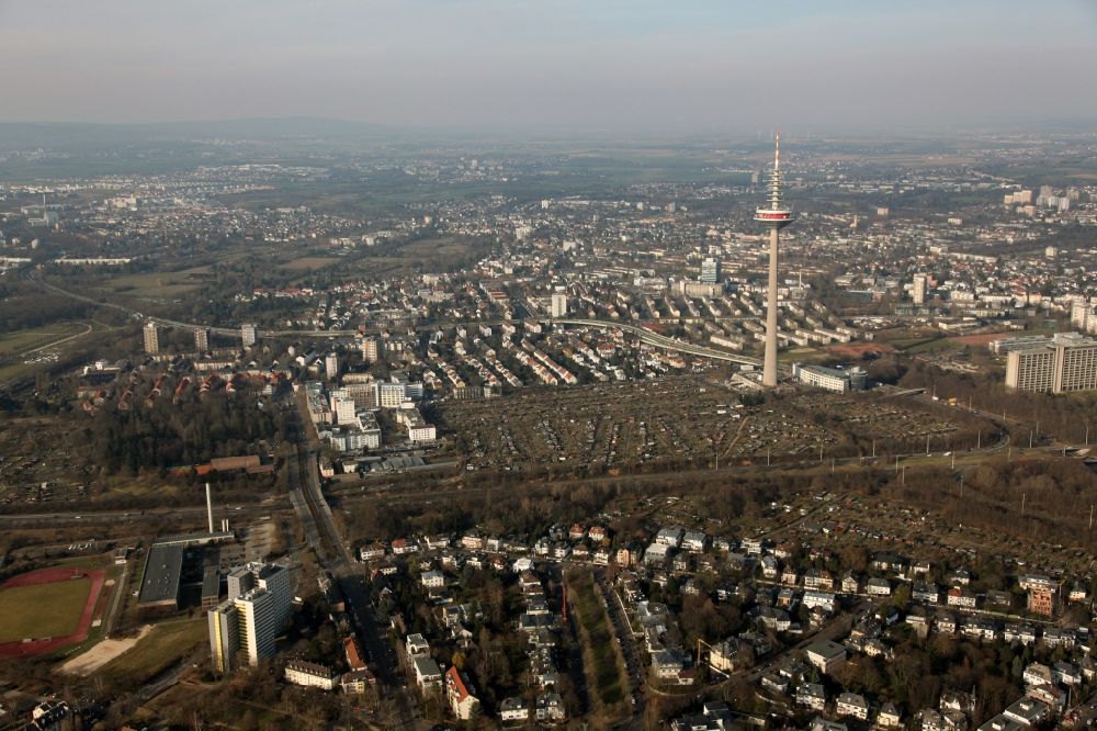 Luftaufnahme Frankfurt am Main - Europaturm in Frankfurt am Main im Bundesland Hessen, meistens als Fernsehturm bezeichnet