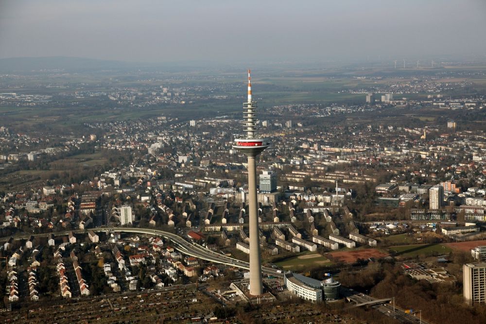Frankfurt am Main aus der Vogelperspektive: Europaturm in Frankfurt am Main im Bundesland Hessen, meistens als Fernsehturm bezeichnet