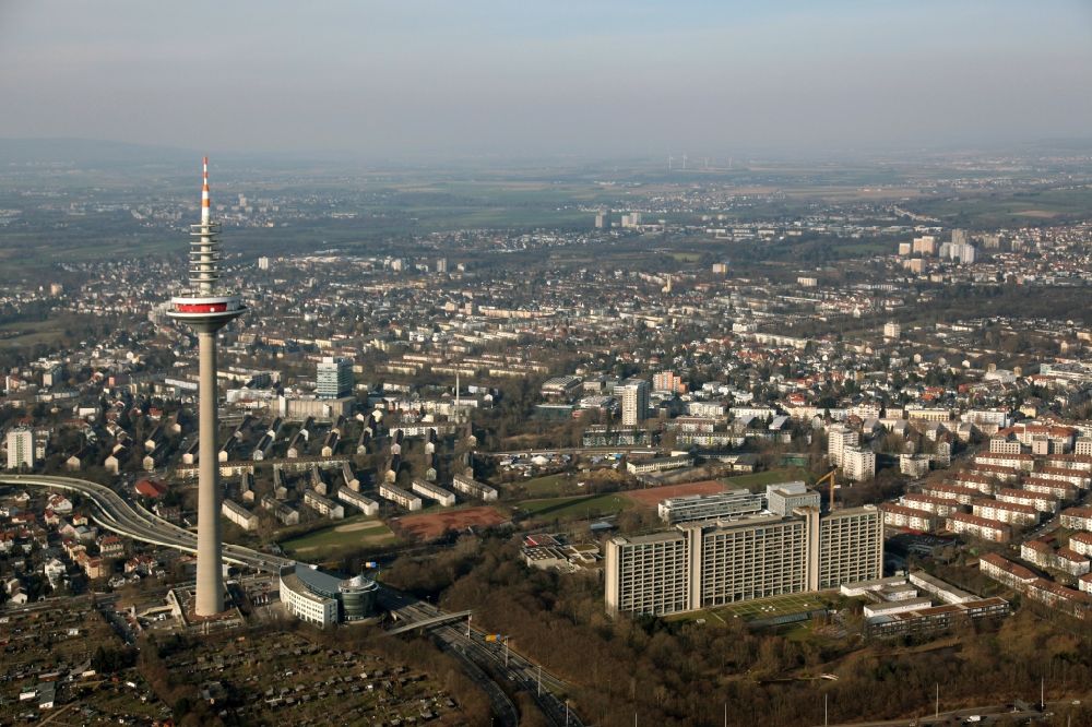 Luftaufnahme Frankfurt am Main - Europaturm in Frankfurt am Main im Bundesland Hessen, meistens als Fernsehturm bezeichnet