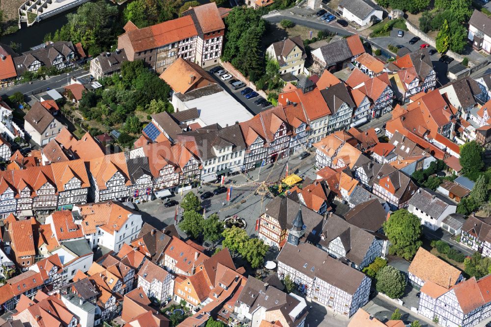 Bad Sooden-Allendorf von oben - Fachwerkhaus- und Mehrfamilienhaus- Wohngebiet in Bad Sooden-Allendorf im Bundesland Hessen, Deutschland