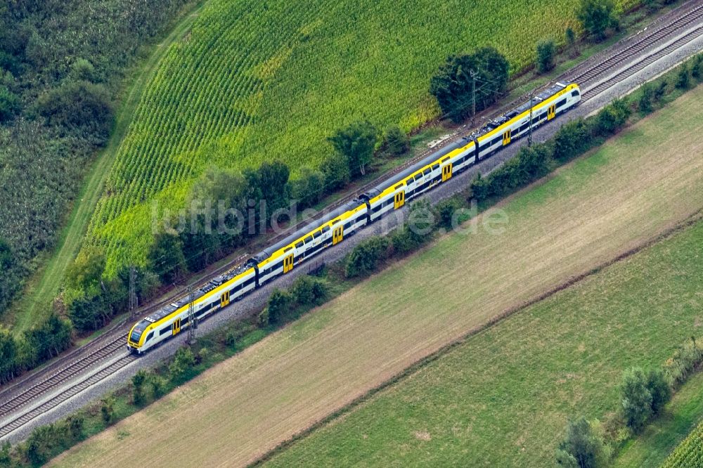 Luftbild Teningen - Fahrt eines Zuges auf der Gleis- Strecke Rheintalbahn in Teningen im Bundesland Baden-Württemberg, Deutschland