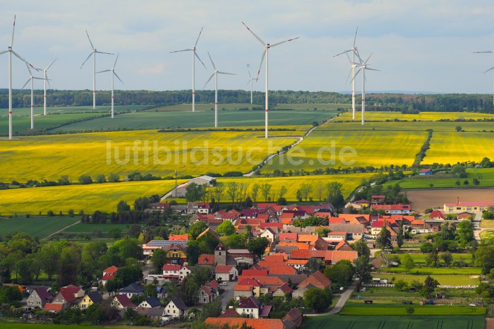 Luftbild Kirchengel - Feld- Landschaft gelb blühender Raps- Blüten in Kirchengel im Bundesland Thüringen, Deutschland