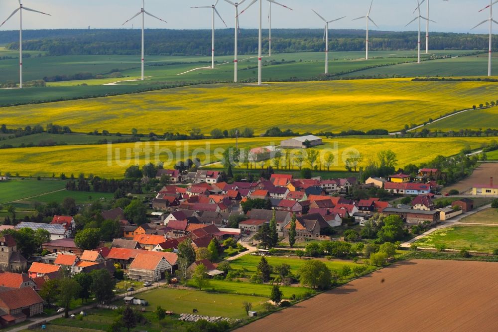 Luftaufnahme Kirchengel - Feld- Landschaft gelb blühender Raps- Blüten in Kirchengel im Bundesland Thüringen, Deutschland